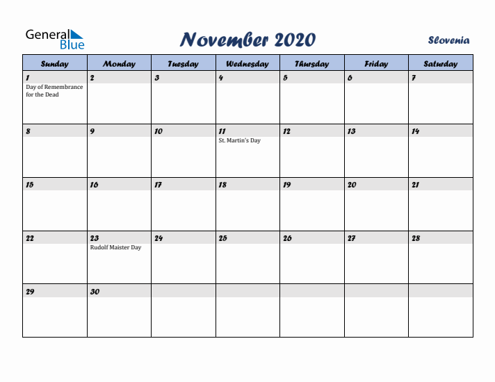 November 2020 Calendar with Holidays in Slovenia