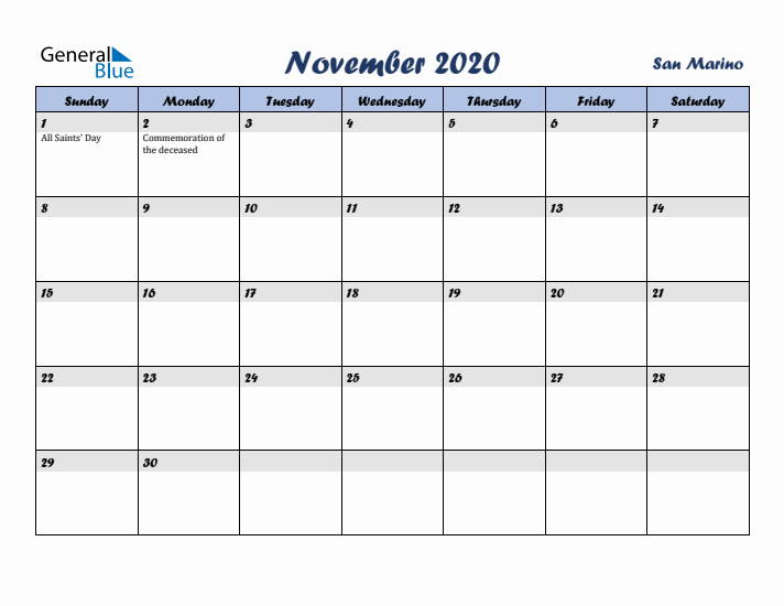 November 2020 Calendar with Holidays in San Marino