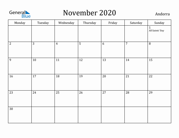November 2020 Calendar Andorra