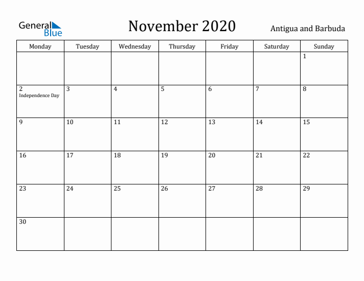 November 2020 Calendar Antigua and Barbuda