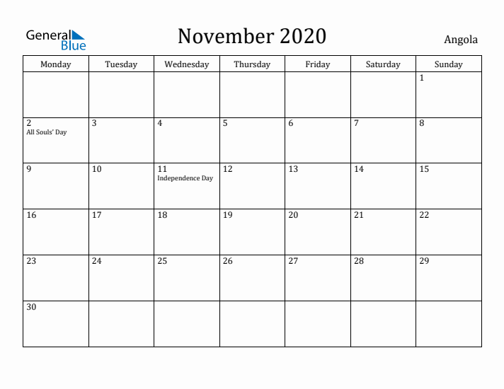 November 2020 Calendar Angola