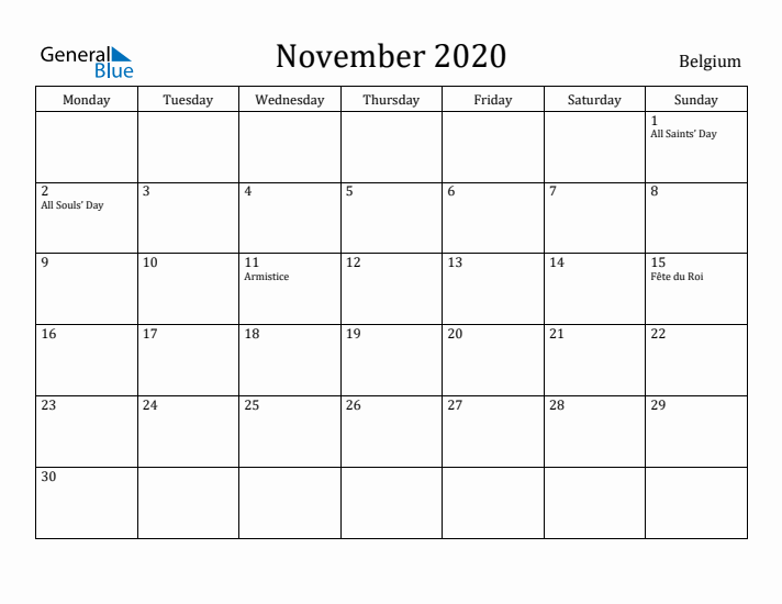 November 2020 Calendar Belgium