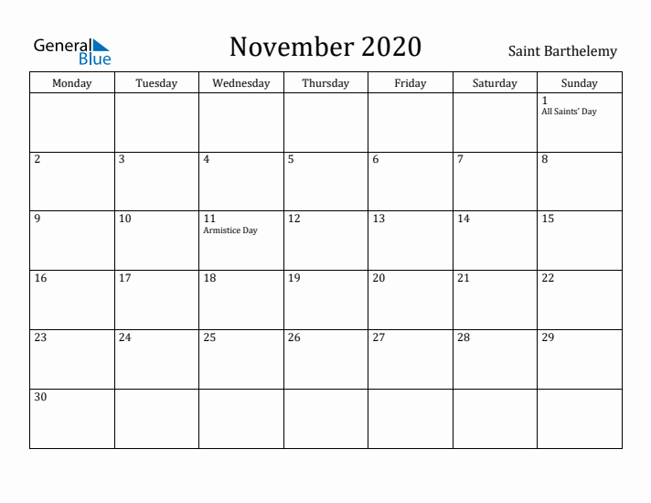 November 2020 Calendar Saint Barthelemy