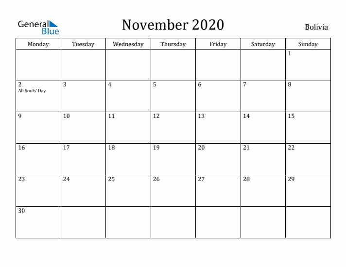 November 2020 Calendar Bolivia