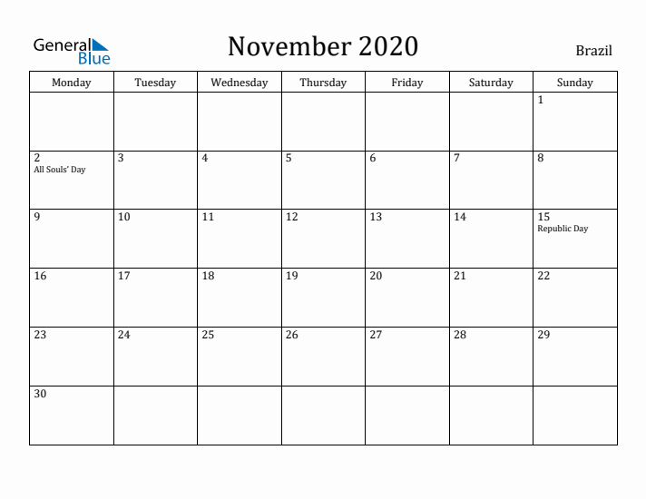 November 2020 Calendar Brazil