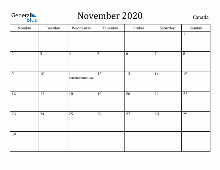November 2020 Calendar Canada