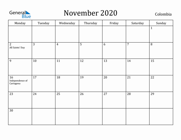 November 2020 Calendar Colombia