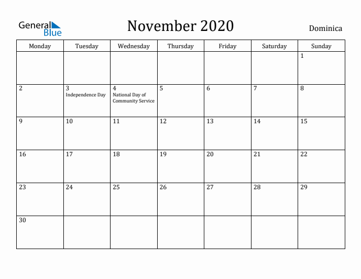 November 2020 Calendar Dominica