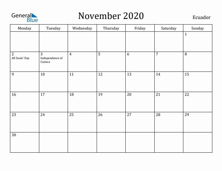November 2020 Calendar Ecuador