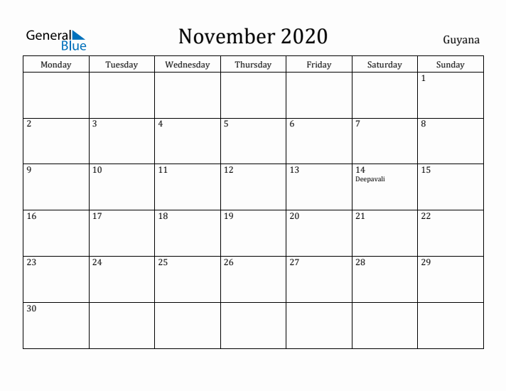 November 2020 Calendar Guyana
