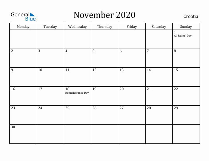 November 2020 Calendar Croatia