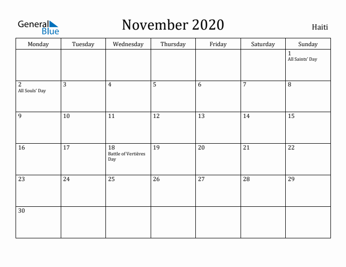 November 2020 Calendar Haiti