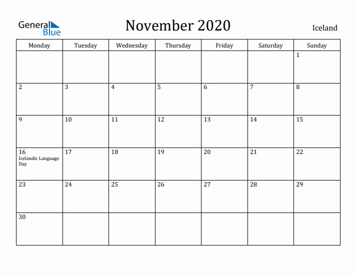November 2020 Calendar Iceland