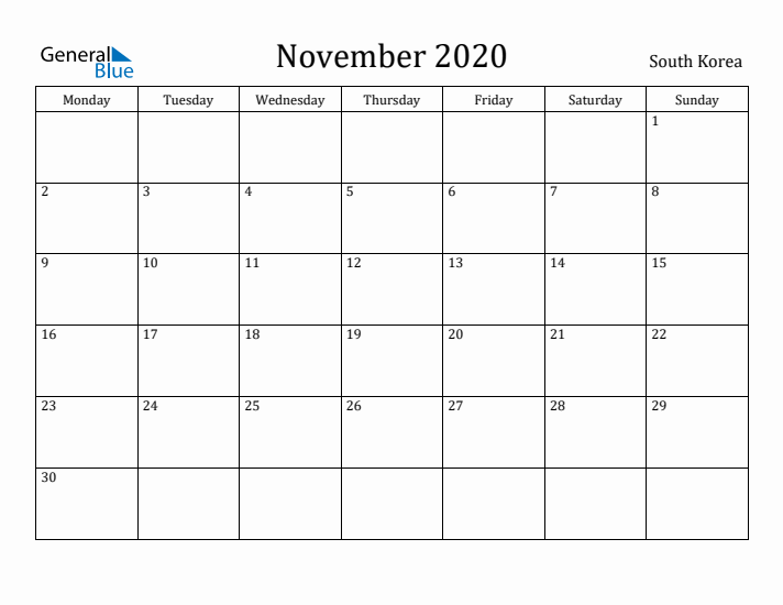 November 2020 Calendar South Korea
