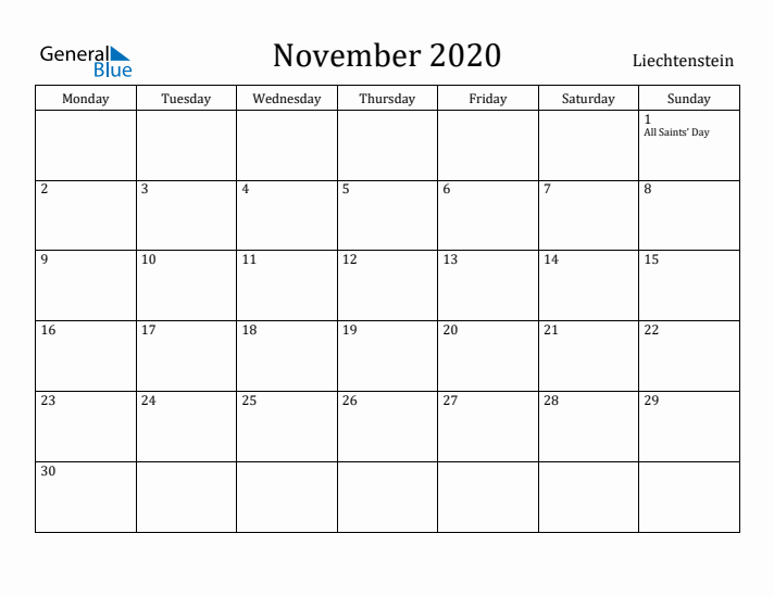 November 2020 Calendar Liechtenstein
