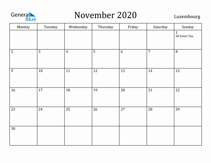 November 2020 Calendar Luxembourg
