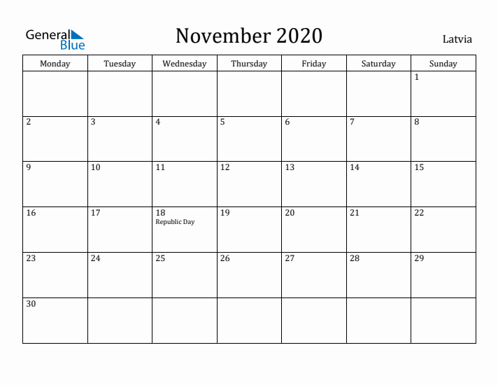 November 2020 Calendar Latvia