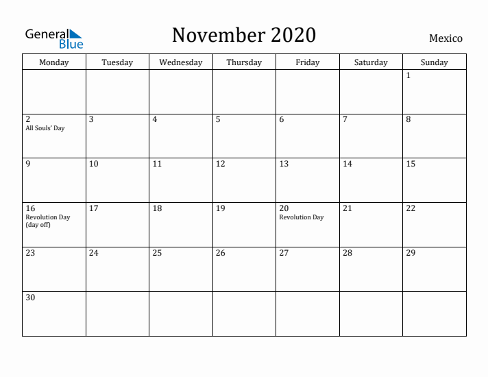 November 2020 Calendar Mexico