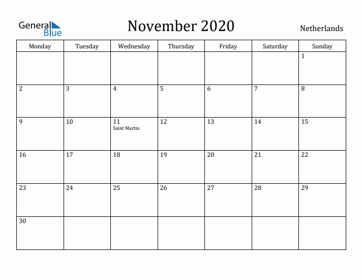 November 2020 Calendar The Netherlands