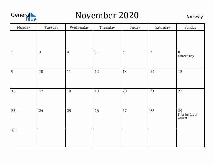 November 2020 Calendar Norway