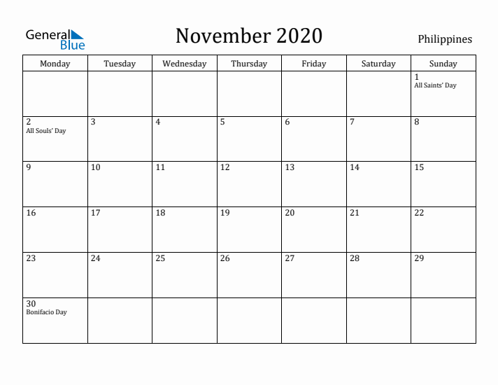November 2020 Calendar Philippines