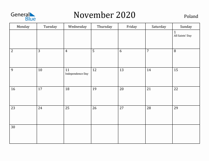 November 2020 Calendar Poland