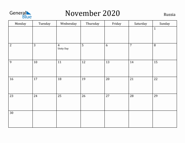 November 2020 Calendar Russia