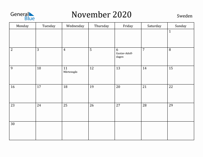 November 2020 Calendar Sweden