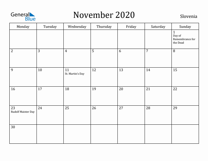 November 2020 Calendar Slovenia