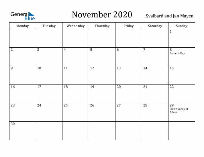 November 2020 Calendar Svalbard and Jan Mayen