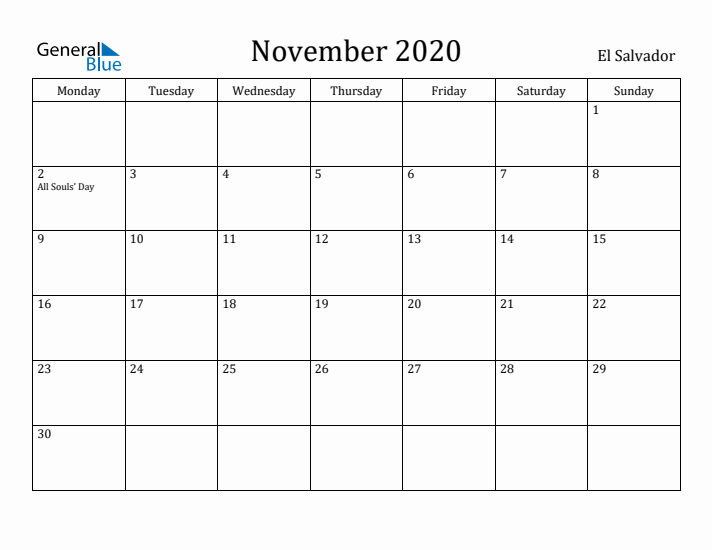 November 2020 Calendar El Salvador