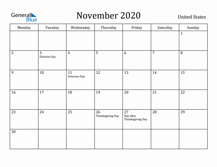 November 2020 Calendar United States