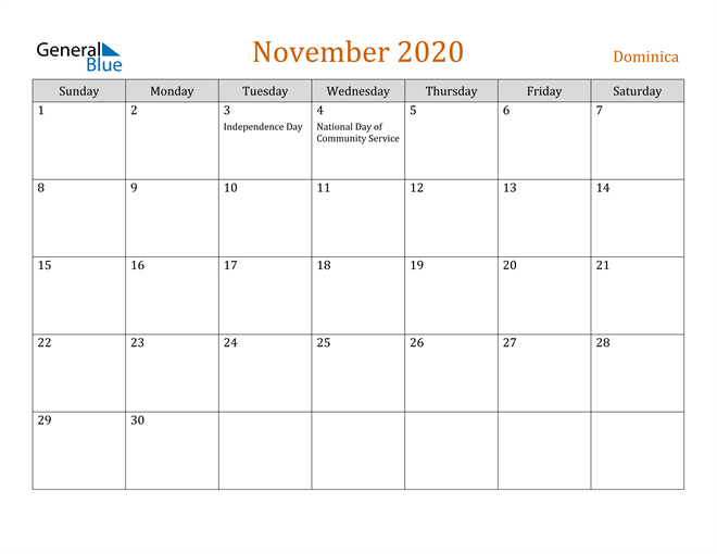 November 2020 Holiday Calendar