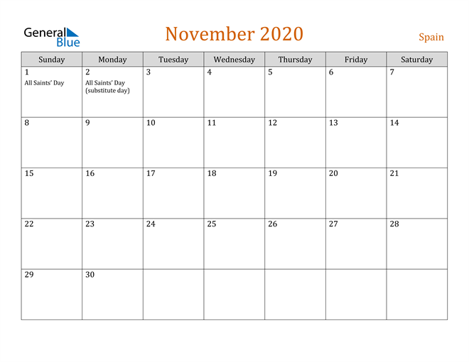 November 2020 Holiday Calendar