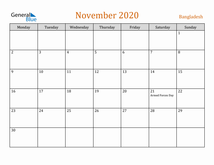 November 2020 Holiday Calendar with Monday Start
