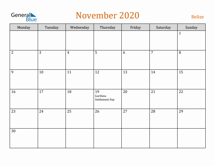 November 2020 Holiday Calendar with Monday Start