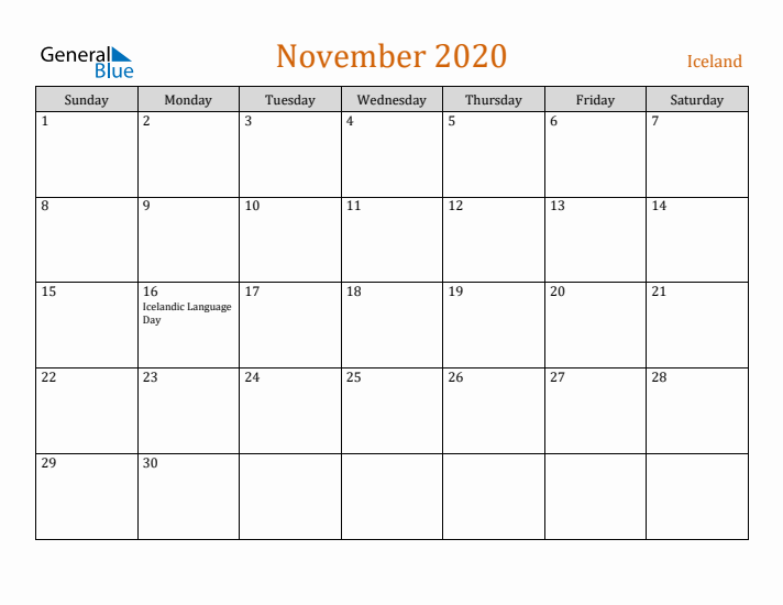 November 2020 Holiday Calendar with Sunday Start