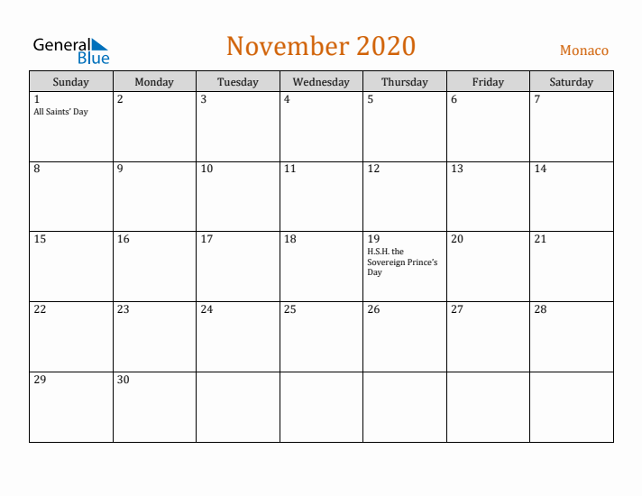 November 2020 Holiday Calendar with Sunday Start