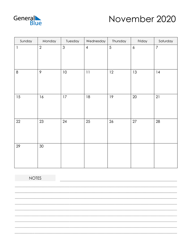  Printable Calendar with Notes - November 2020