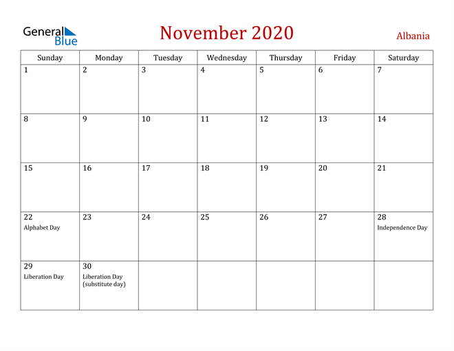 Albania November 2020 Calendar