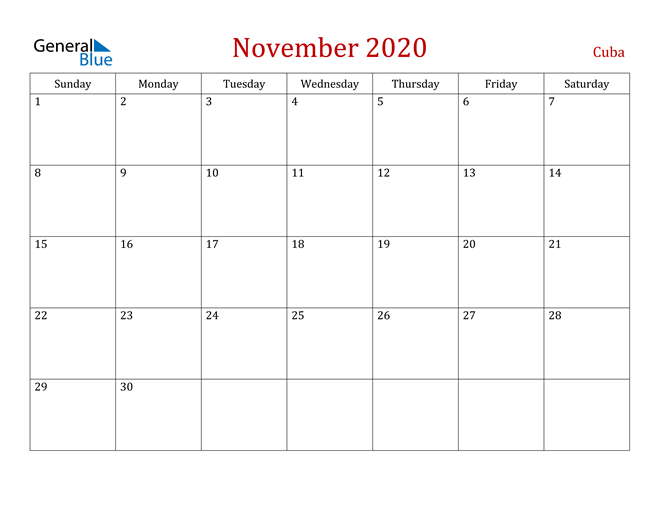 Cuba November 2020 Calendar