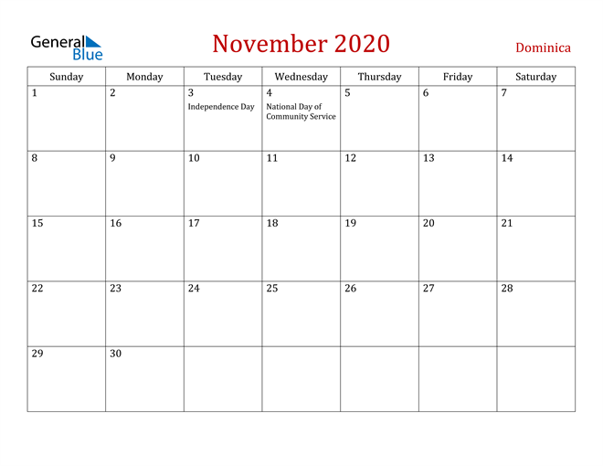 Dominica November 2020 Calendar