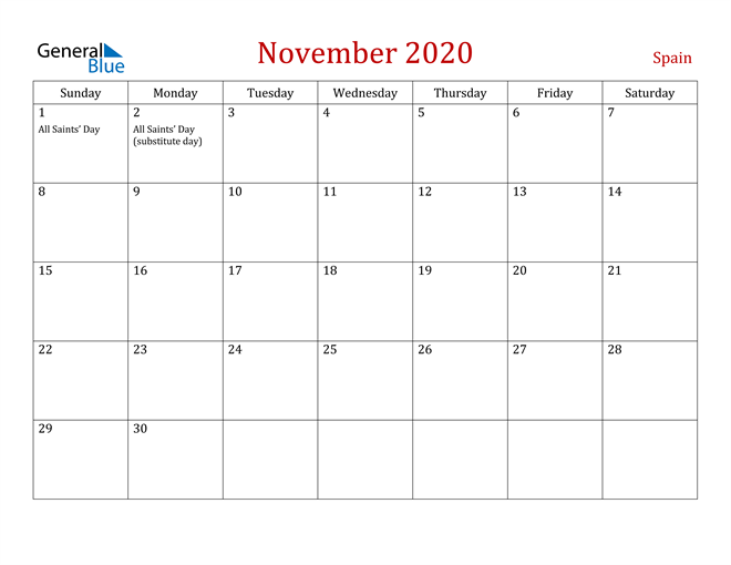 Spain November 2020 Calendar