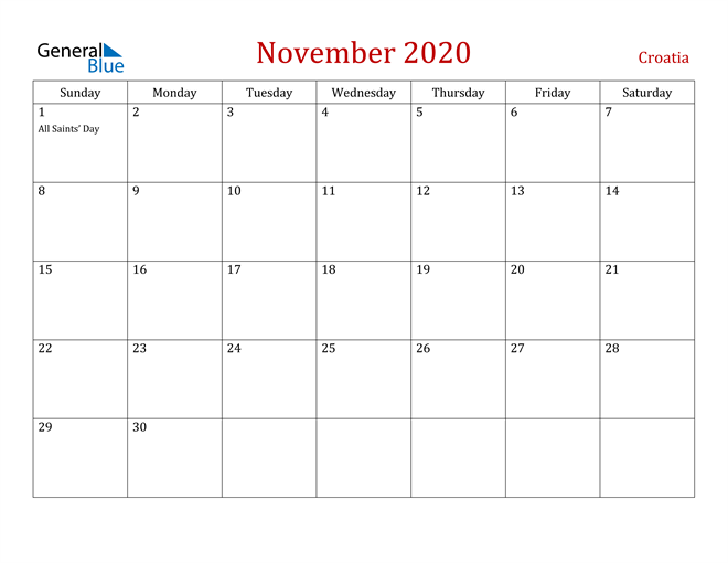 Croatia November 2020 Calendar