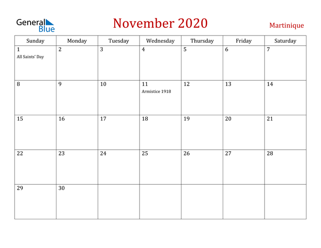 Martinique November 2020 Calendar