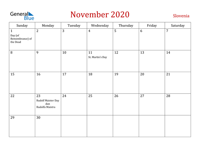Slovenia November 2020 Calendar