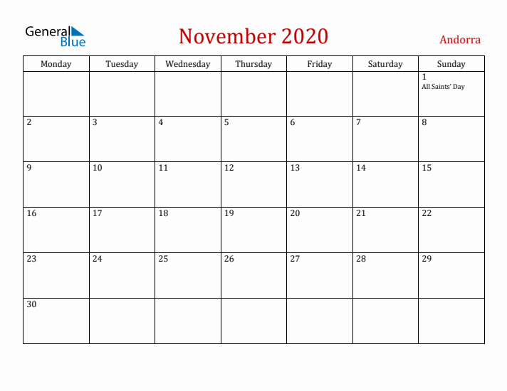 Andorra November 2020 Calendar - Monday Start