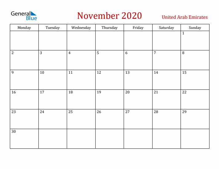 United Arab Emirates November 2020 Calendar - Monday Start