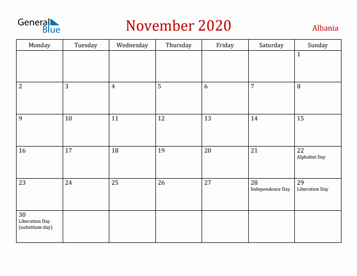 Albania November 2020 Calendar - Monday Start