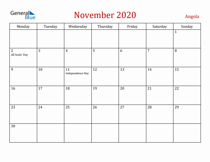 Angola November 2020 Calendar - Monday Start